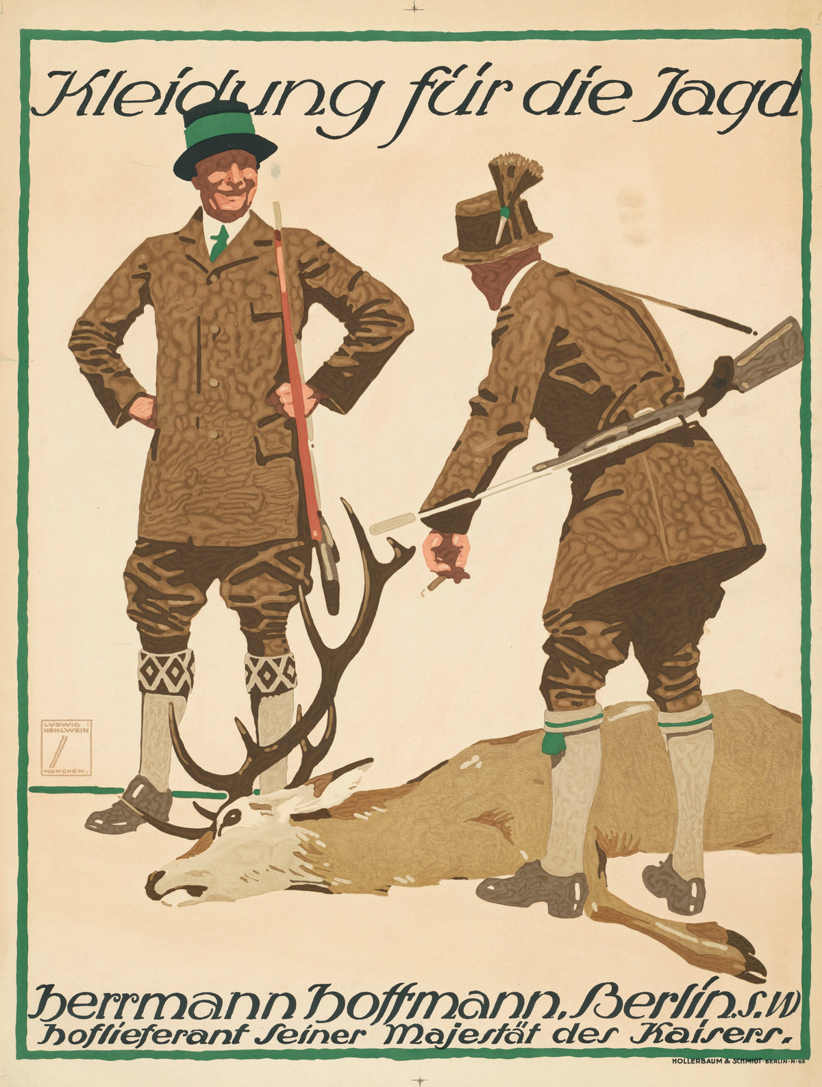 Kleidung für die Jagd: Herrmann Hoffmann, Berlin by Ludwig Hohlwein — Two hunters in brown jackets stand over a fallen stag