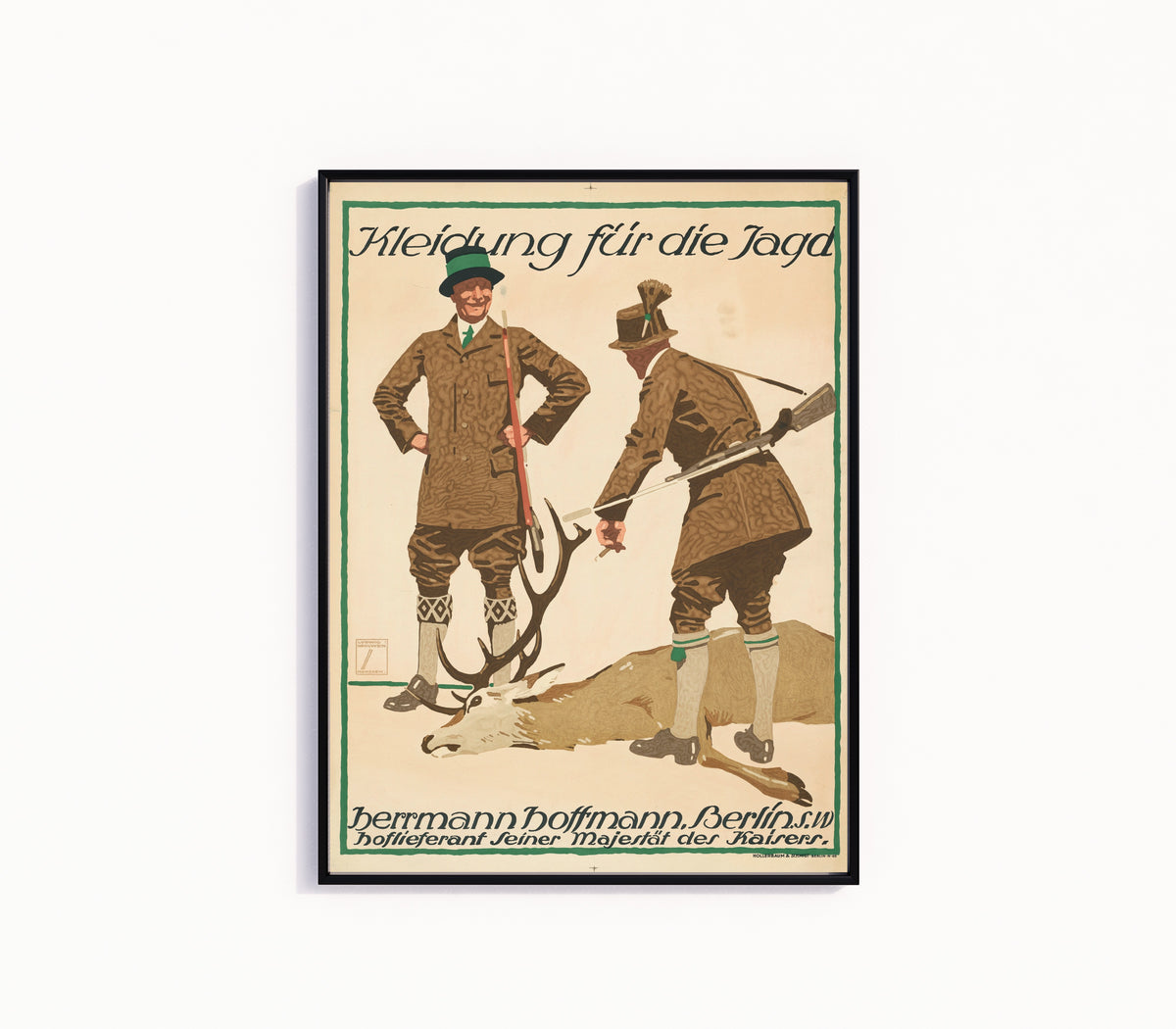 Framed art print of Kleidung für die Jagd: Herrmann Hoffmann, Berlin by Ludwig Hohlwein, in a slim black frame on a plain white wall