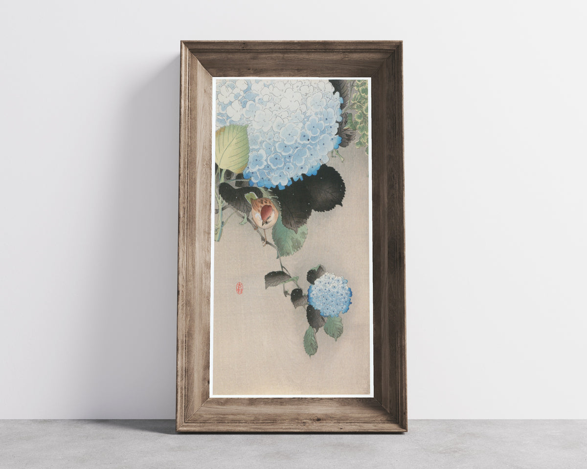 Ohara Koson — Hydrangea and Sparrow | Japanese Bird & Flower Woodblock Print