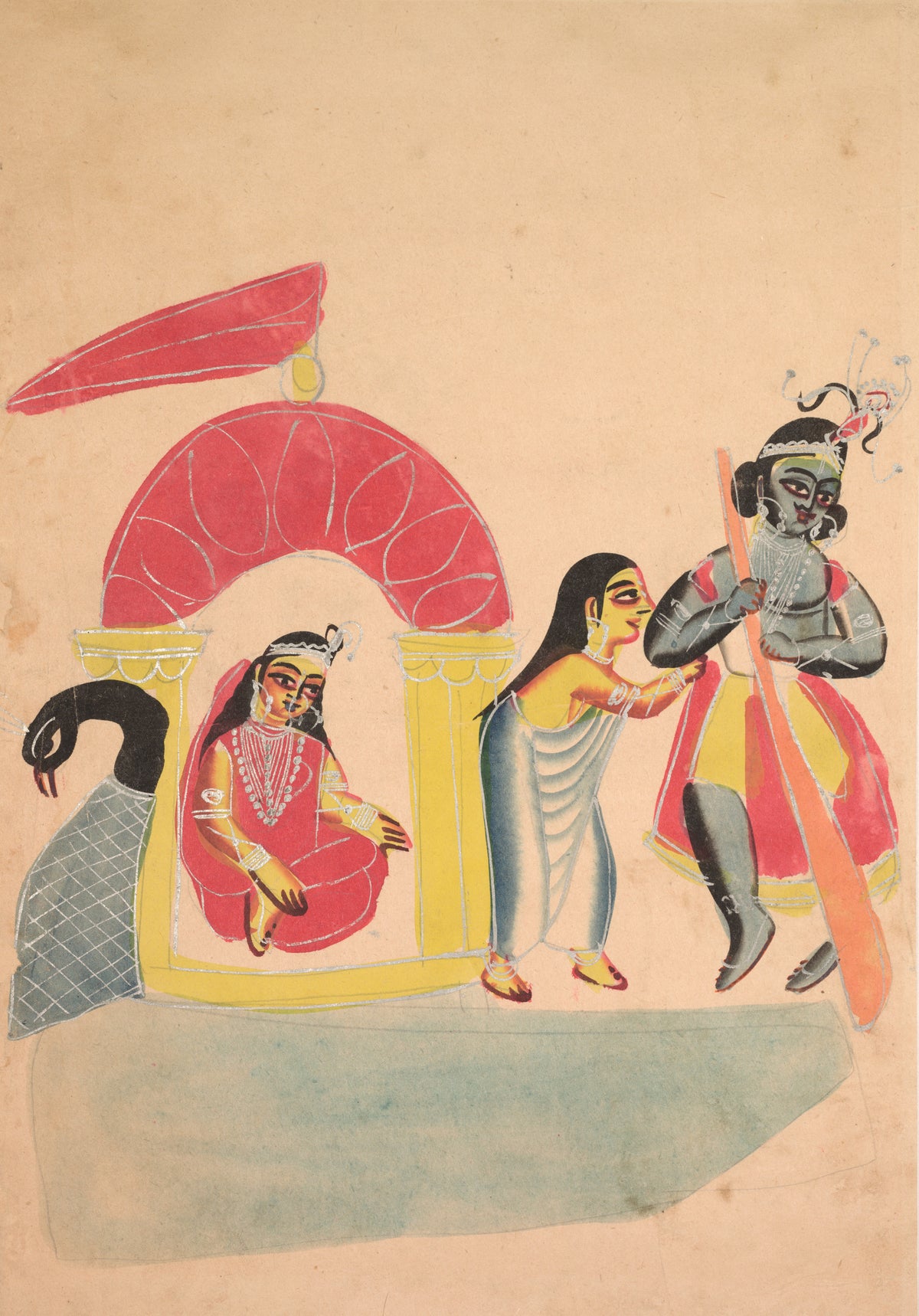Krishna Ferrying Radha Across the Yamuna River by Kalighat painter — Krishna as a boatman ferries Radha under a red canopy