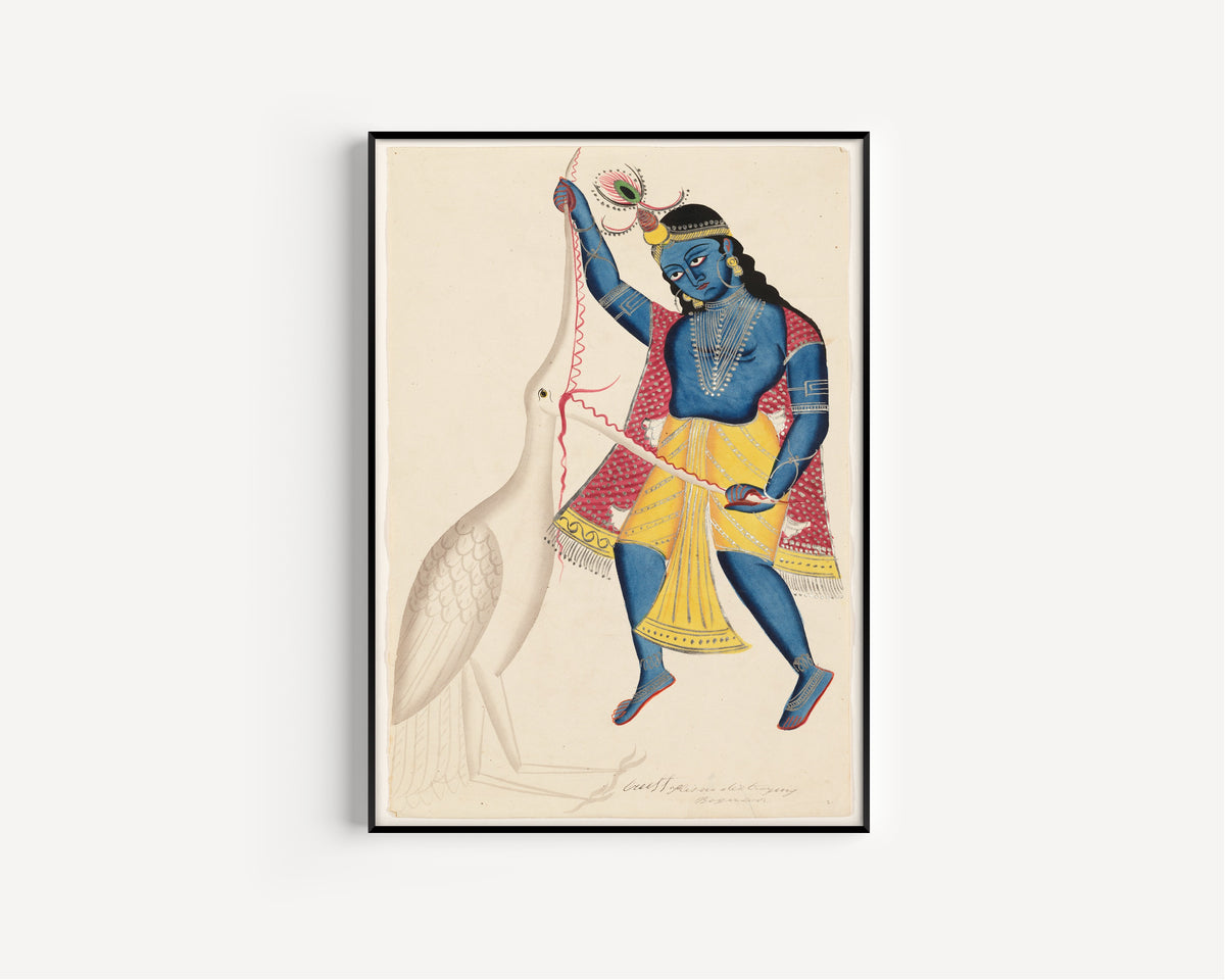 Framed art print of Krishna Killing Bakasura by Kalighat painter, in a slim black frame on a plain white wall