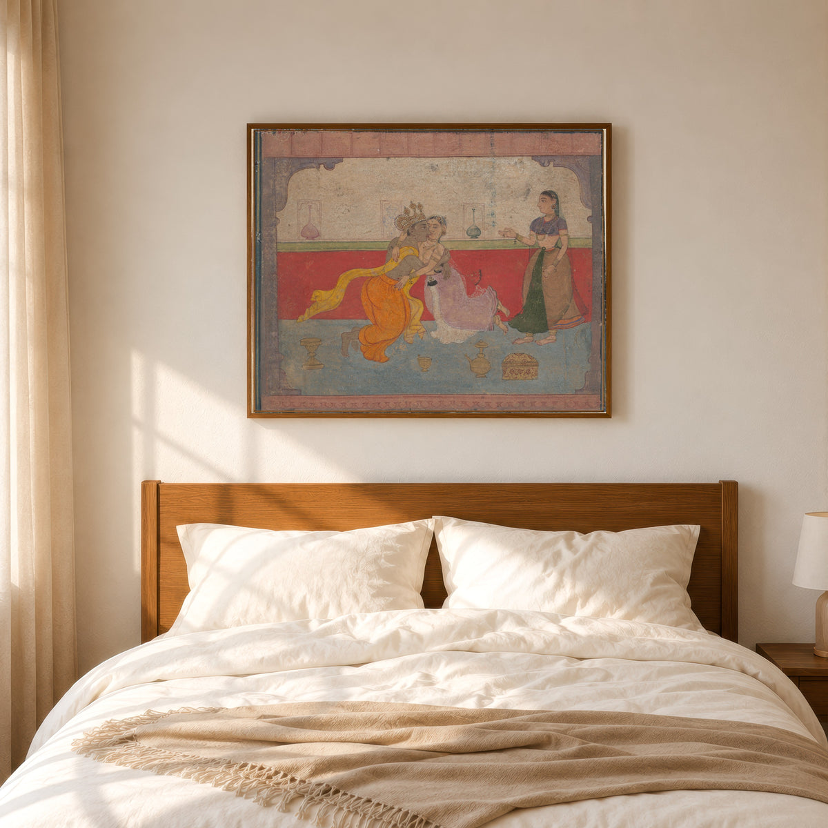 Framed art print of Krishna Kisses Radha: Page from the Boston Rasikapriya (Lover's… by Amber school, in a slim wood frame above a bed in a sunlit bedroom