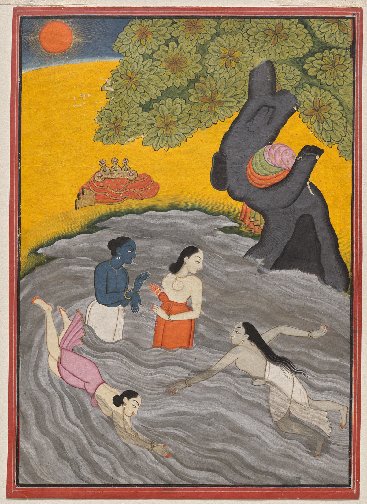 Krishna Playing with the Gopis in the Yamuna by Pahari school — Krishna wades a grey rippling river among swimming gopis