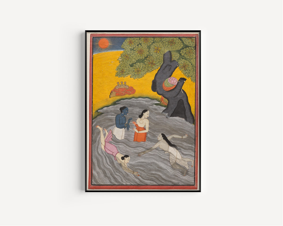 Framed art print of Krishna Playing with the Gopis in the Yamuna by Pahari school, in a slim black frame on a plain white wall