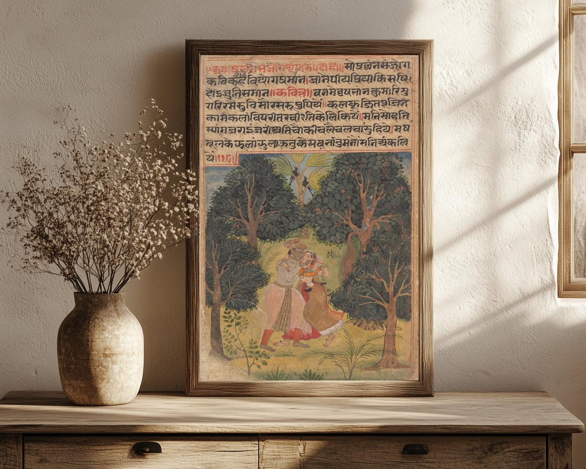 Framed art print of Krishna Woos Radha: Page from the Dispersed… by Amber school, in a dark wood frame leaning on a rustic console beside dried flowers