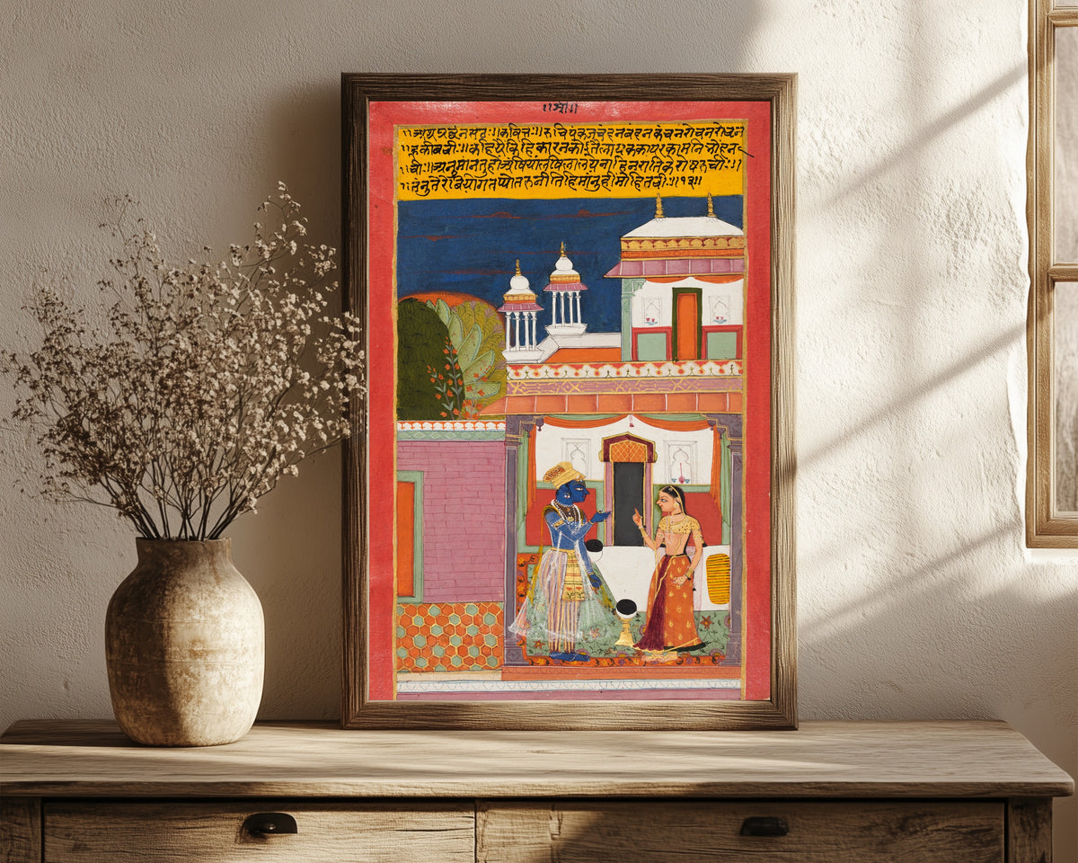 Framed art print of Krishna and Radha Quarreling: Shatha Nayaka, from a… by Bundi school, in a dark wood frame leaning on a rustic console beside dried flowers