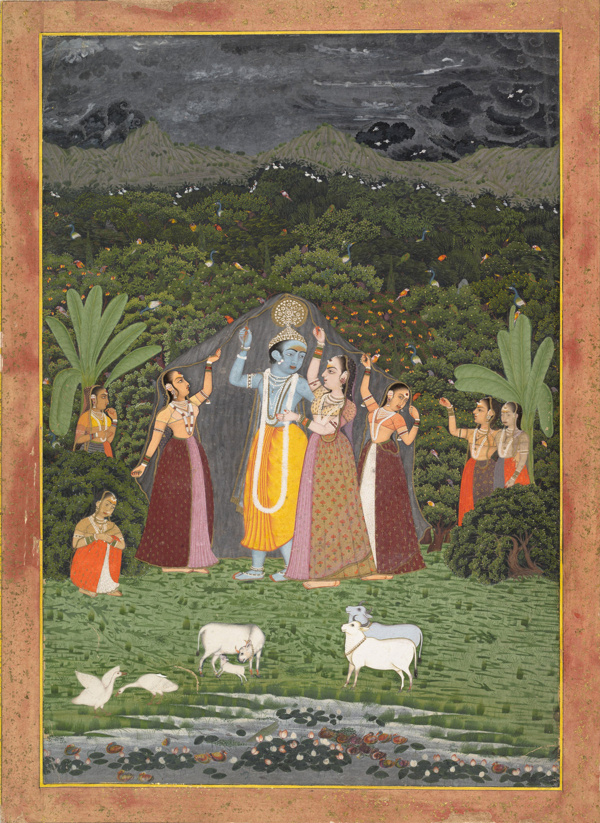 Krishna and the Gopis Take Shelter from the Rain by Jaipur school — Women hold a dark cloth over a blue Krishna beneath a storm-dark sky