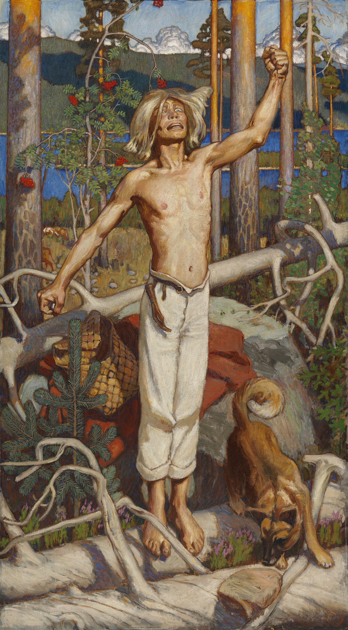 Kullervo Cursing by Akseli Gallen-Kallela — A barefoot young man raises his fist to the sky in a pine forest
