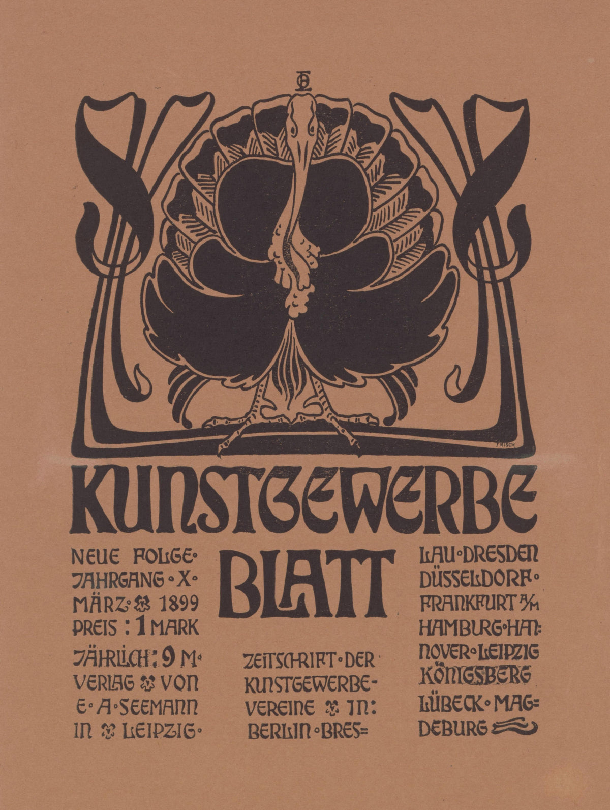 Kunstgewerbeblatt, Neue Folge, März 1899 by Otto Eckmann — A turkey with a fanned tail between two looping Art Nouveau stems