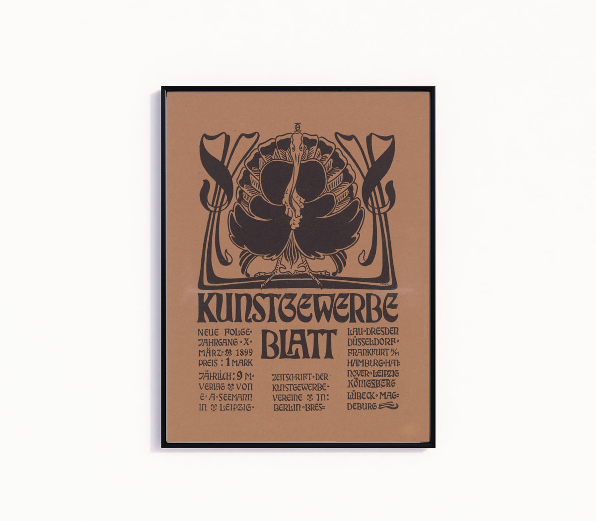 Framed art print of Kunstgewerbeblatt, Neue Folge, März 1899 by Otto Eckmann, in a slim black frame on a plain white wall
