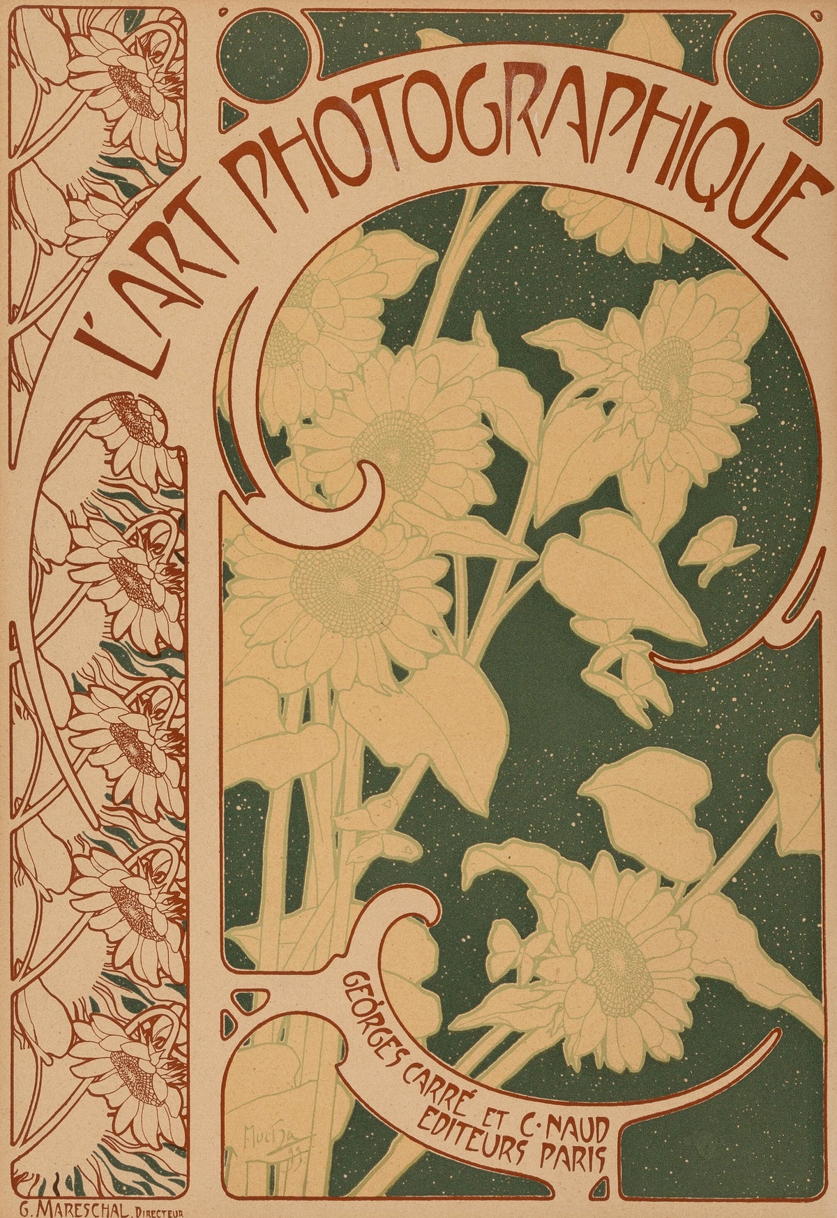 L’Art Photographique, no. 10 (cover) by Alphonse Mucha — Cream sunflowers on a starry green ground beside swirling letters