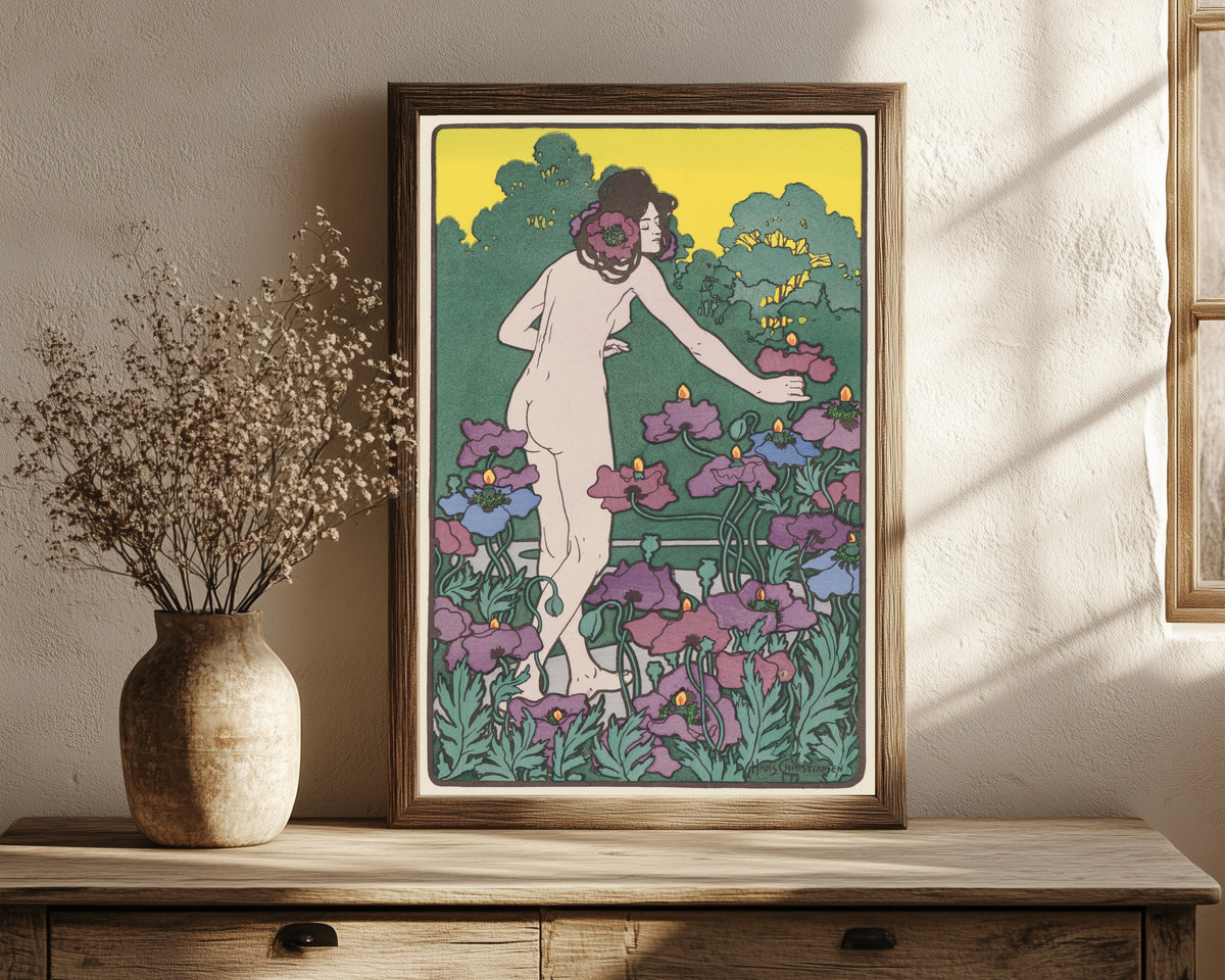 Framed art print of L'Heure du Berger by Hans Christiansen, in a dark wood frame leaning on a rustic console beside dried flowers