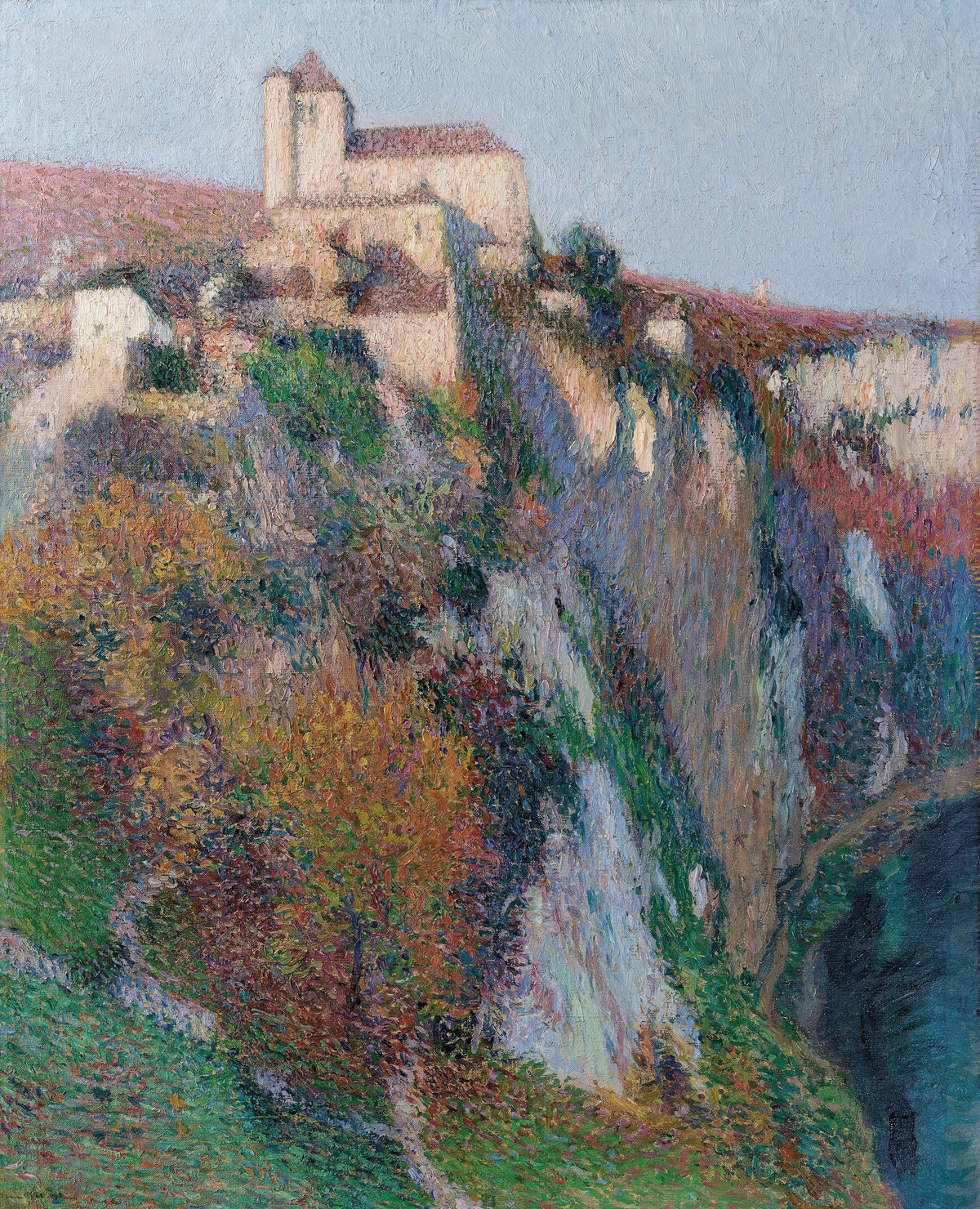 Henri Martin — L'église Saint-Cirq Lapopie perchée sur la falaise de la boucle du Lot, ciel bleu | Pointillist Landscape Print