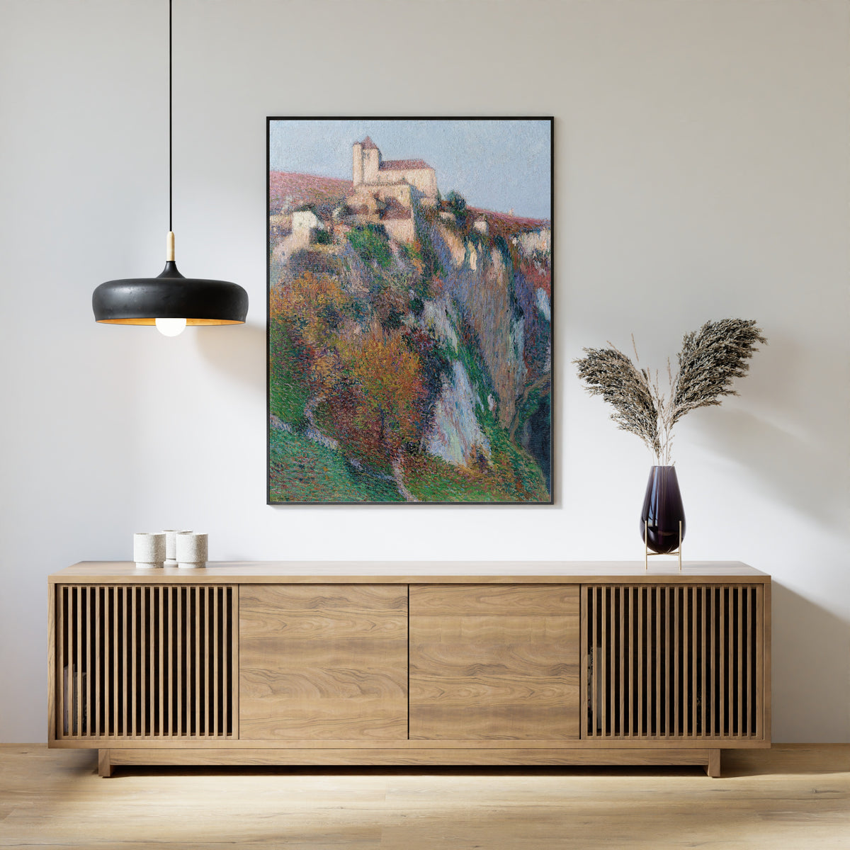 Henri Martin — L'église Saint-Cirq Lapopie perchée sur la falaise de la boucle du Lot, ciel bleu | Pointillist Landscape Print