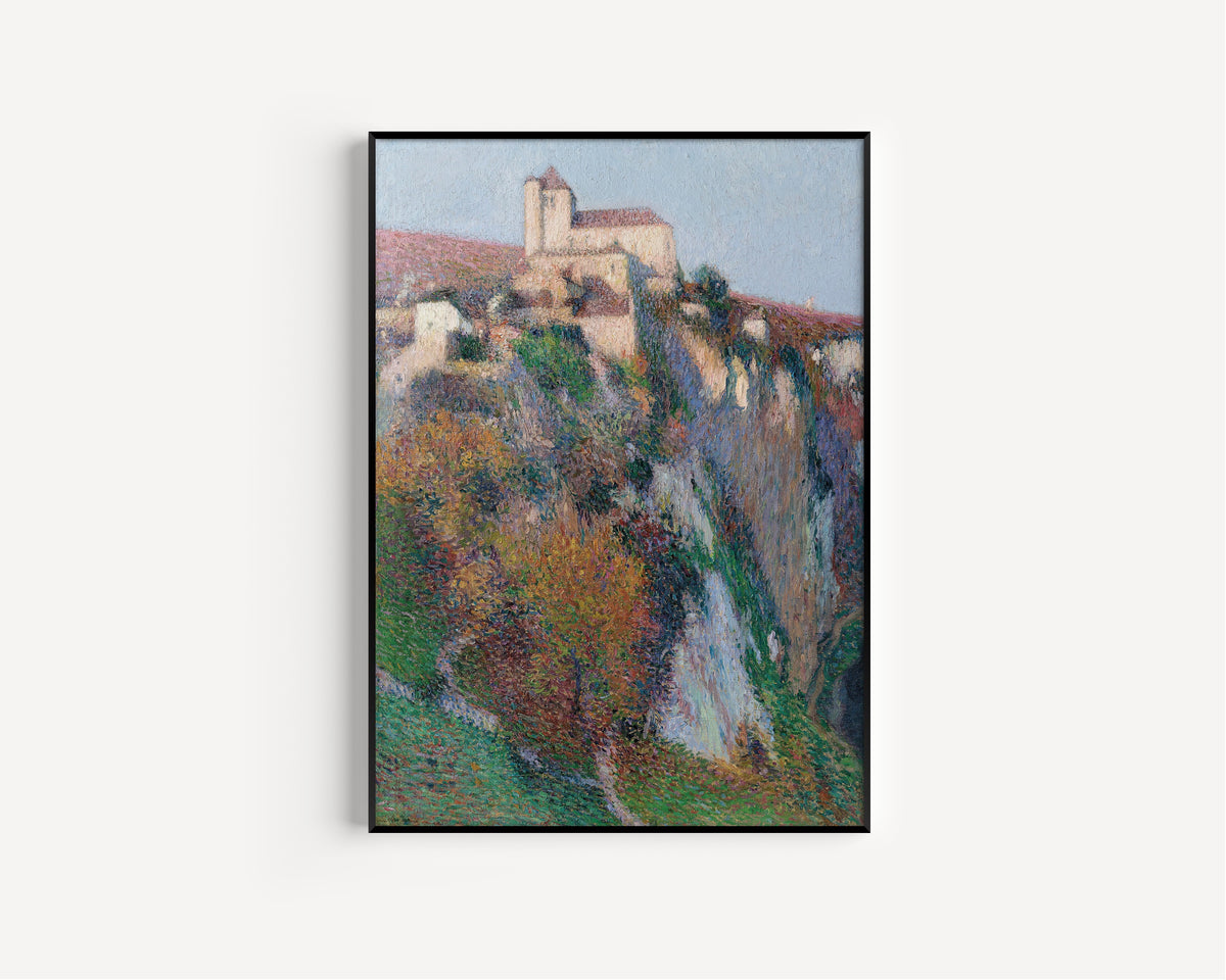 Henri Martin — L'église Saint-Cirq Lapopie perchée sur la falaise de la boucle du Lot, ciel bleu | Pointillist Landscape Print