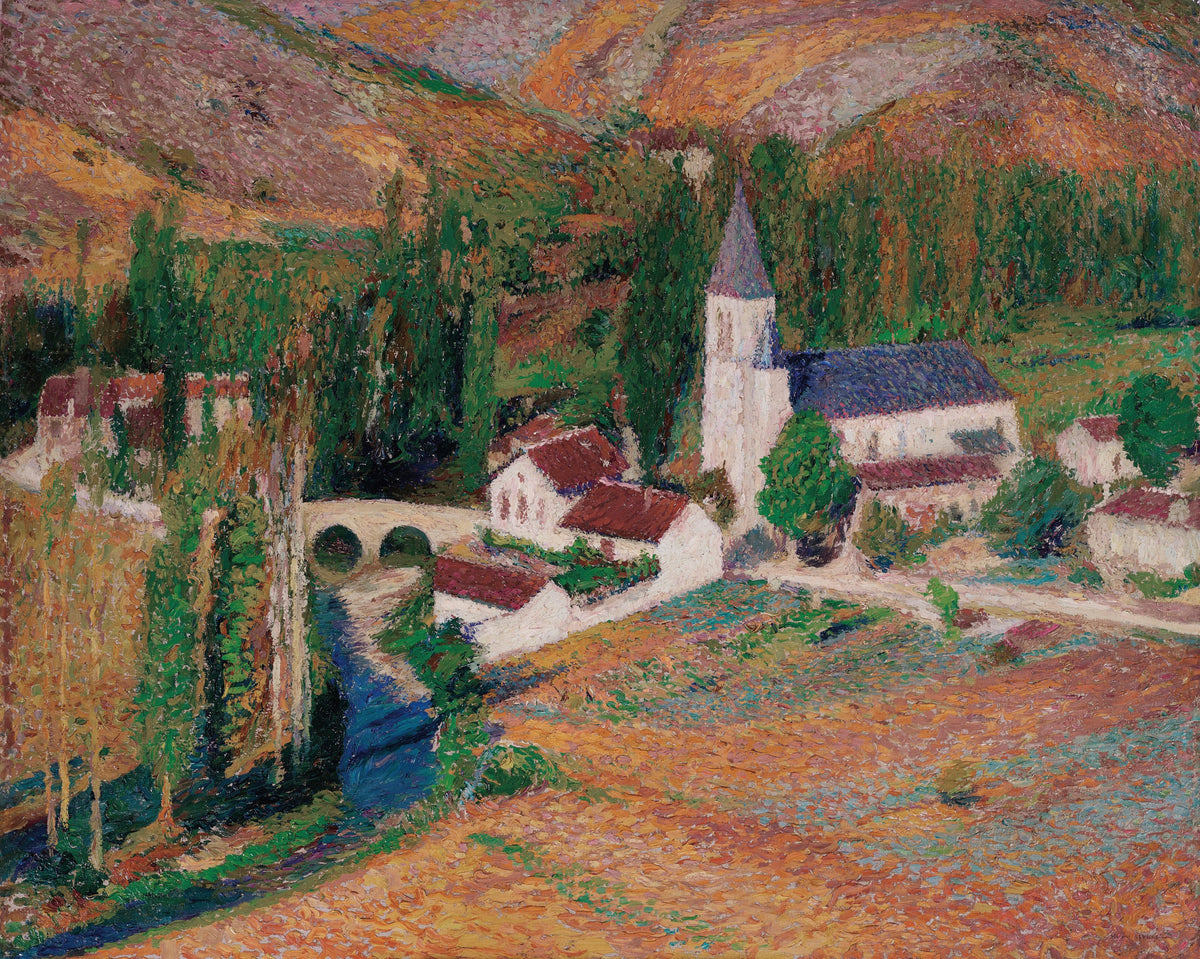 Henri Martin — L'Église de Labastide-du-Vert avec le pont et la rivière, un soir d'automne | Pointillist Landscape Print