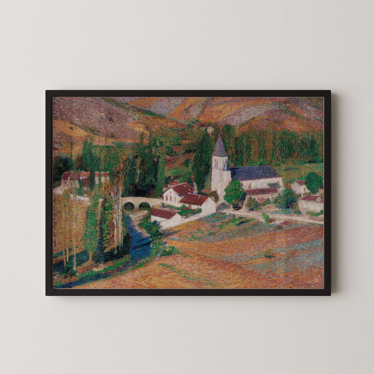 Henri Martin — L'Église de Labastide-du-Vert avec le pont et la rivière, un soir d'automne | Pointillist Landscape Print
