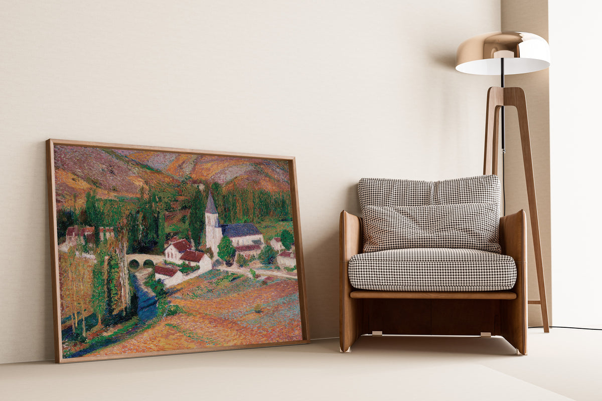 Henri Martin — L'Église de Labastide-du-Vert avec le pont et la rivière, un soir d'automne | Pointillist Landscape Print