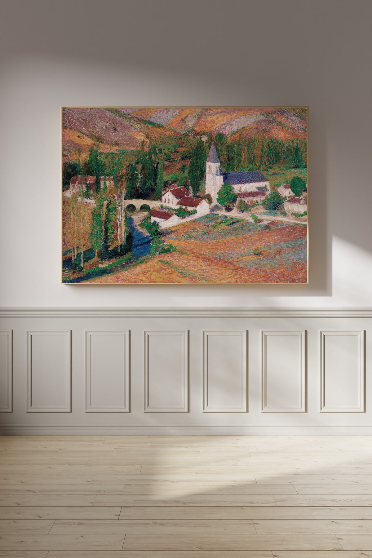 Henri Martin — L'Église de Labastide-du-Vert avec le pont et la rivière, un soir d'automne | Pointillist Landscape Print