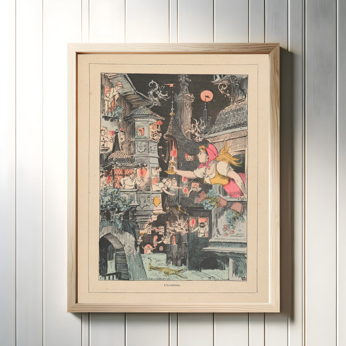 Framed art print of L’inondation by Albert Robida, in a light wood frame on a white panelled wall