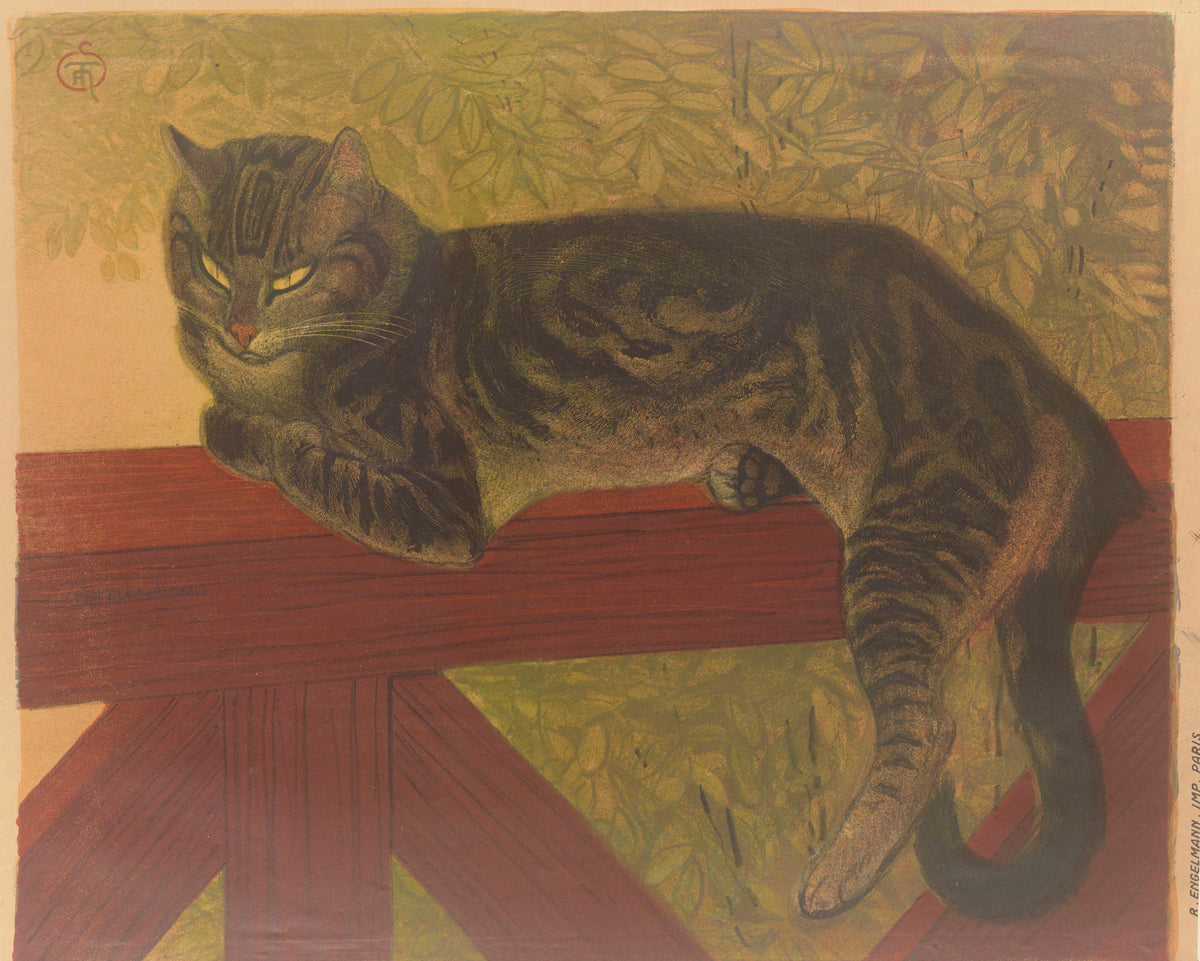 L’Été, chat sur une balustrade by Théophile Steinlen — A tabby cat sprawls along a red rail among sunlit leaves