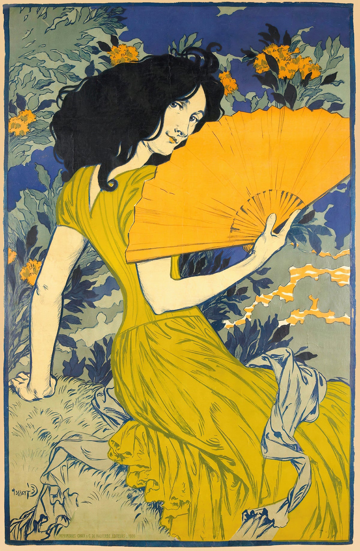 L'Éventail by Eugène Grasset — A woman in a yellow gown shields her face with an orange fan