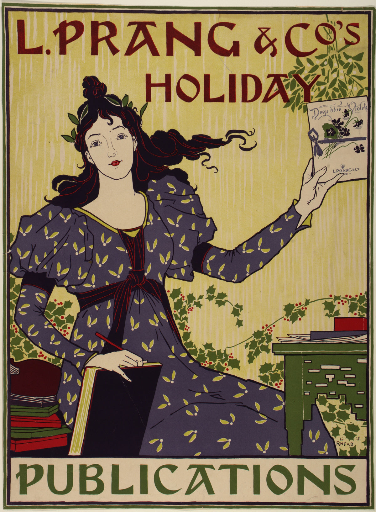 L. Prang & Co.'s Holiday Publications by Louis Rhead — A woman in a leaf-sprigged gown holds up a violet-painted holiday card