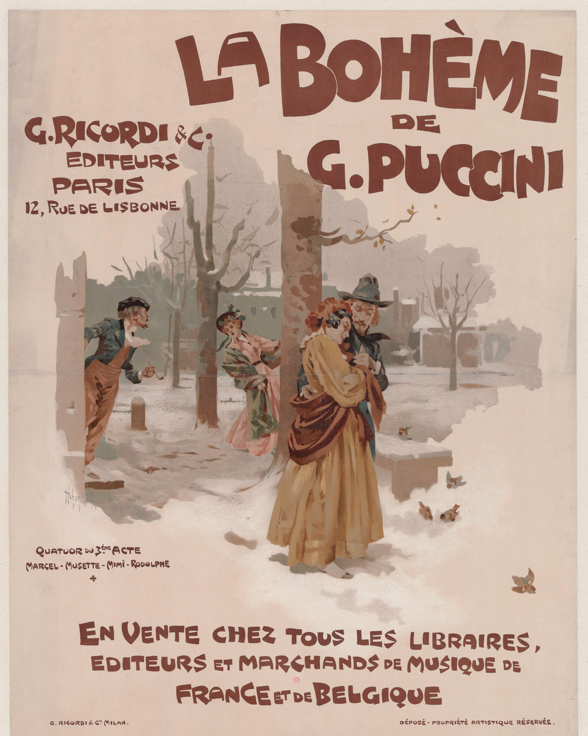 La Bohème de G. Puccini by Adolfo Hohenstein — Two couples in a snowy park, one pair slipping away behind the trees