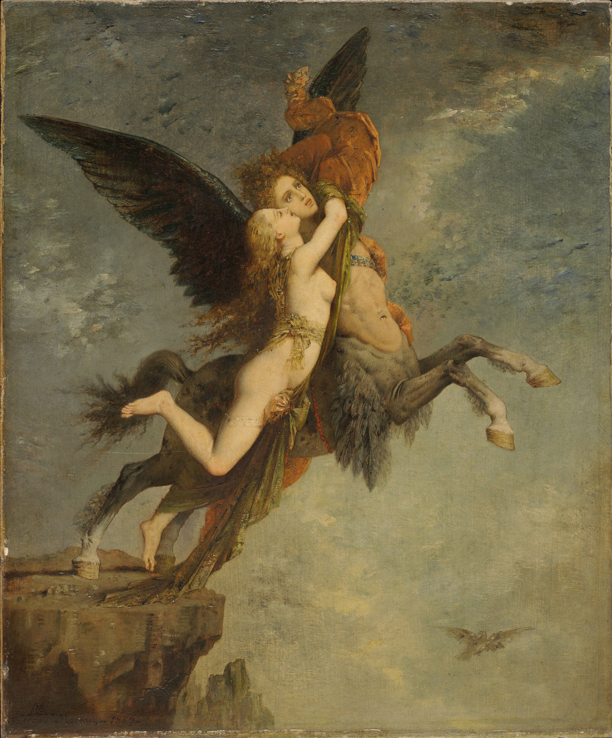 La Chimère by Gustave Moreau — A woman clings to a winged chimera as it leaps from a cliff