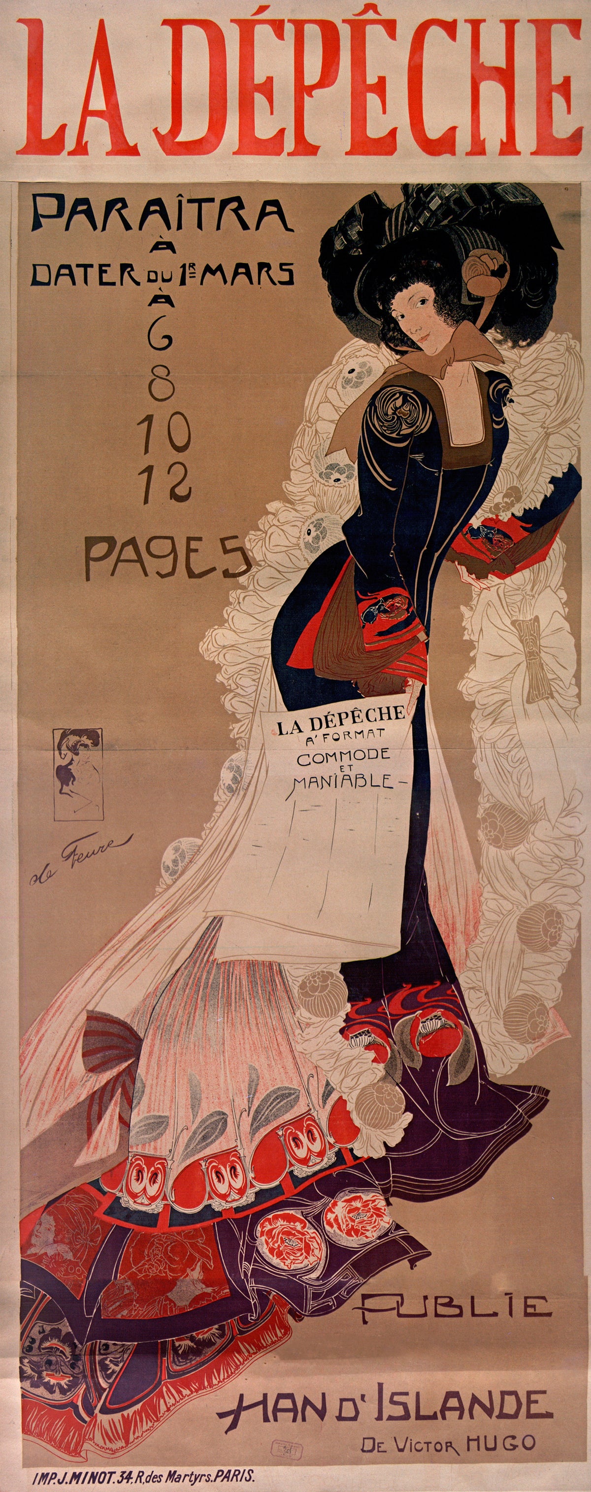 La Dépêche (Han d'Islande) by Georges de Feure — A woman in a feather boa and black hat carries a folded newspaper