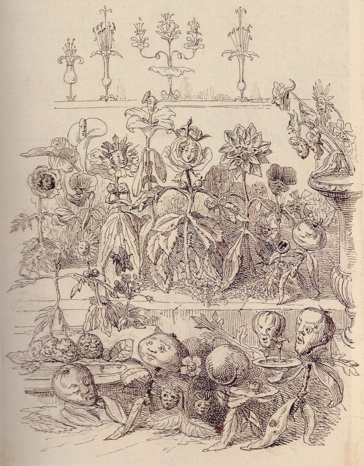 La Fête des fleurs by J. J. Grandville — Flowers and fruit with human faces crowd a garden terrace