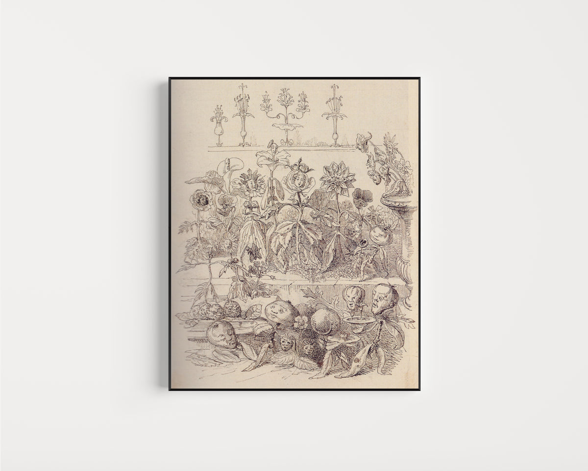 Framed art print of La Fête des fleurs by J. J. Grandville, in a slim black frame on a plain white wall