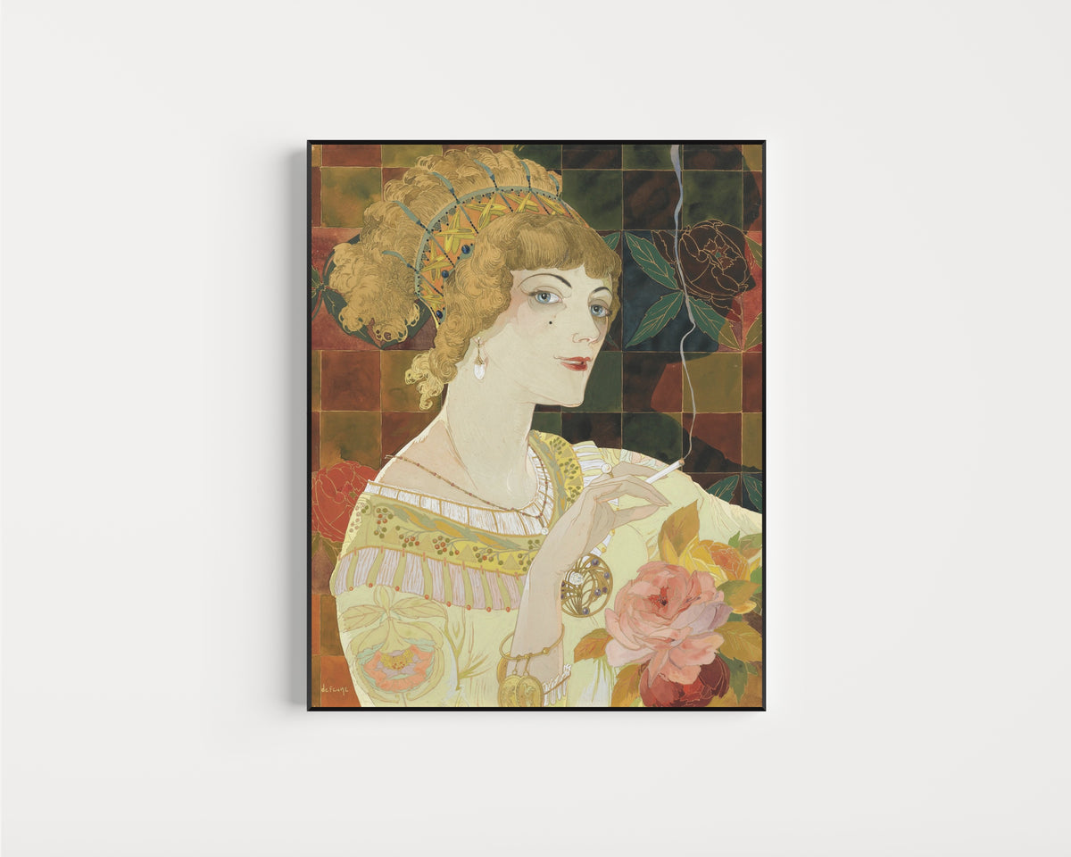 Framed art print of La Fumeuse by Georges de Feure, in a slim black frame on a plain white wall