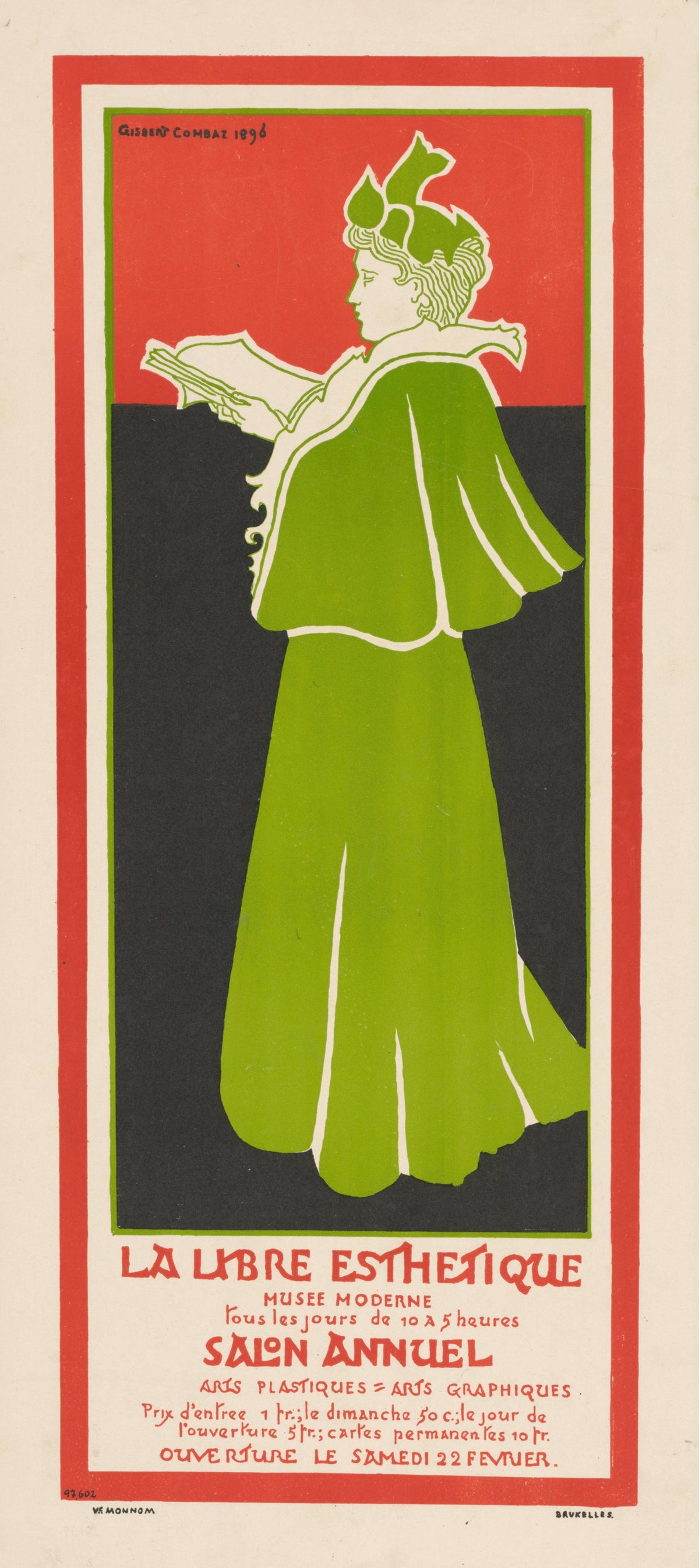 La Libre Esthétique, Salon Annuel (1896) by Gisbert Combaz — A woman in a green cape reads an open book against red and black