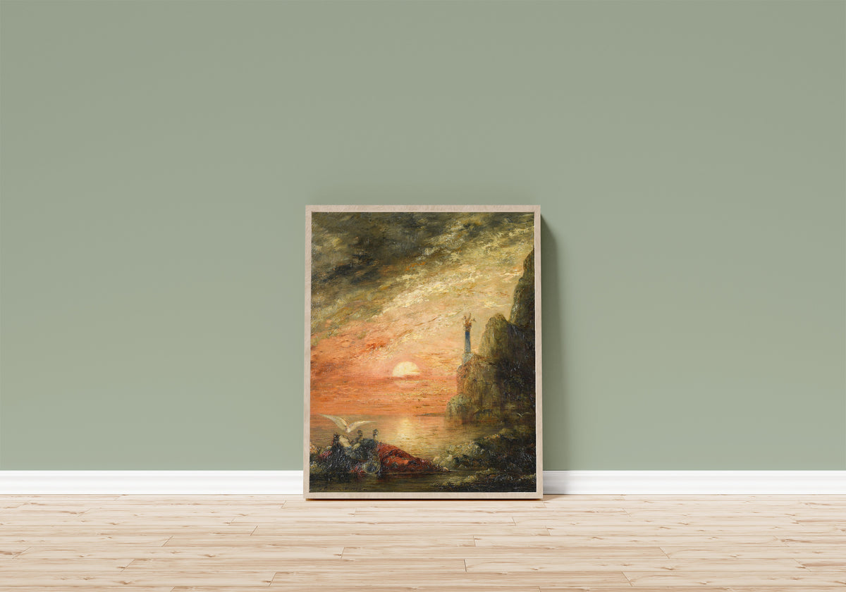Framed art print of La Mort de Sapho by Gustave Moreau, in a light wood frame leaning on a sage green wall above a wooden floor