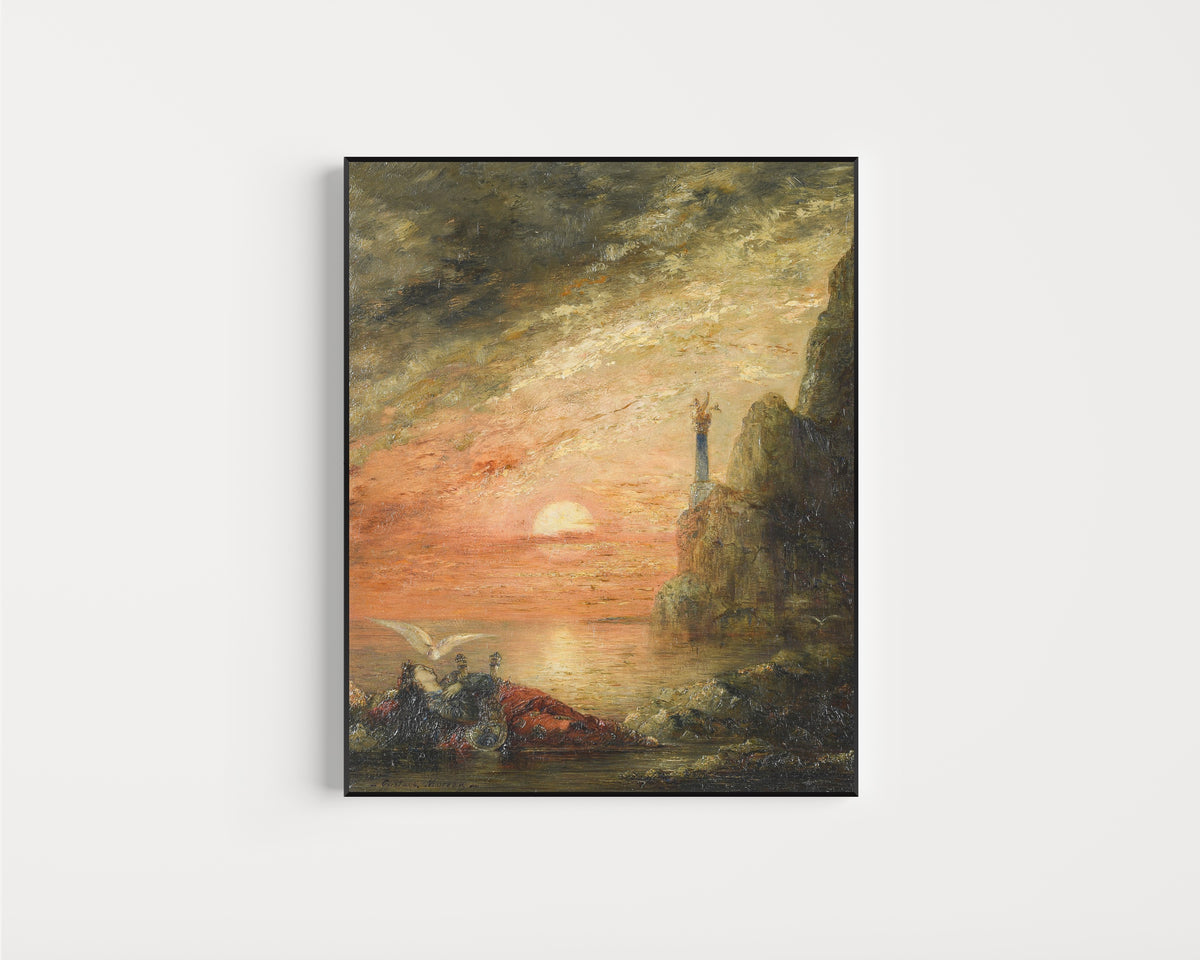 Framed art print of La Mort de Sapho by Gustave Moreau, in a slim black frame on a plain white wall