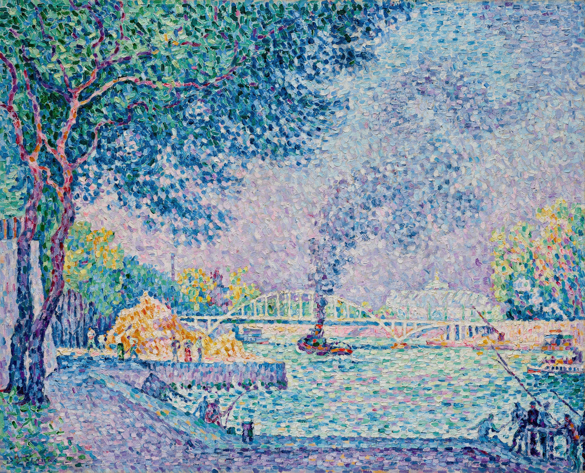 La Passerelle Debilly by Paul Signac — A footbridge over the river, a smoking tug and anglers on the quay