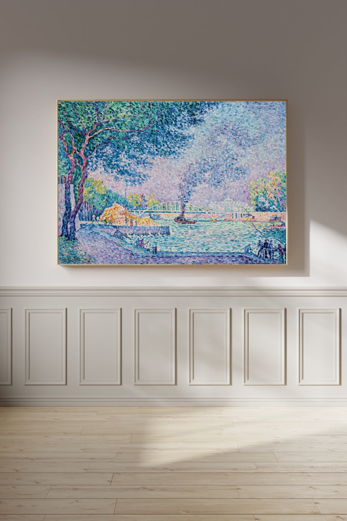 Framed art print of La Passerelle Debilly by Paul Signac, on a panelled wall in afternoon light