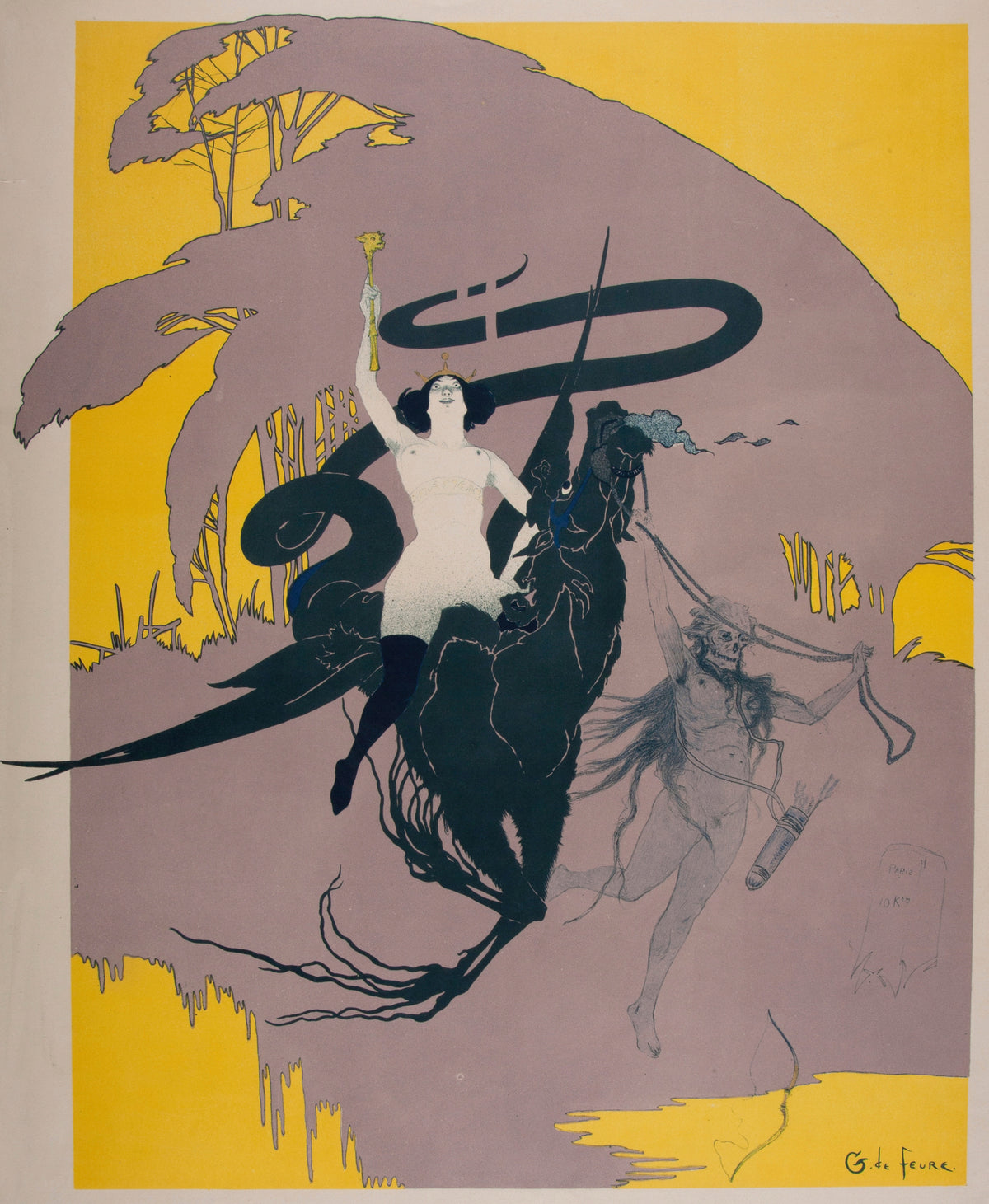 La Reine de la nuit by Georges de Feure — A crowned woman holds a sceptre aloft on a black steed