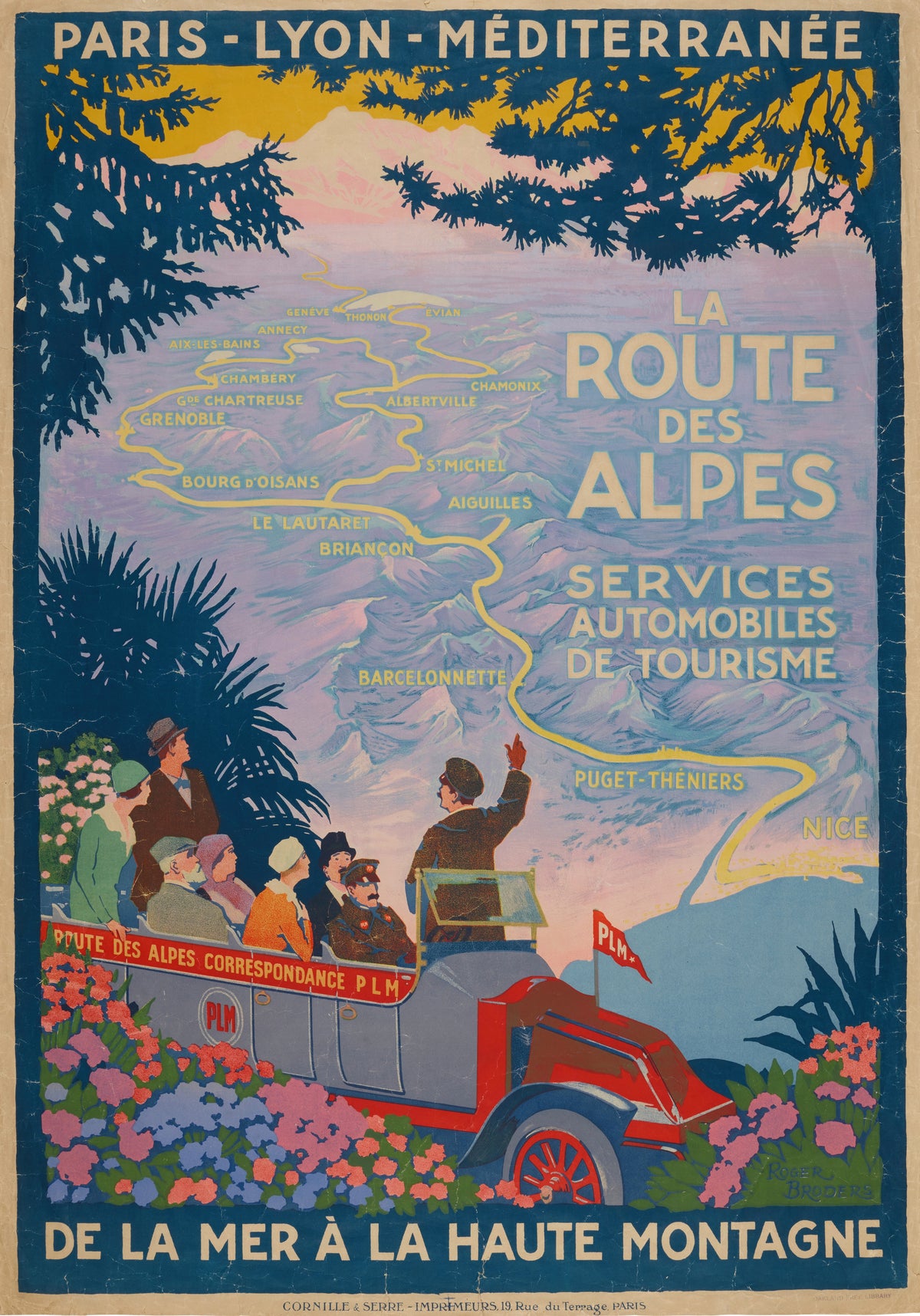 La Route des Alpes by Roger Broders — Passengers in an open coach look over a mapped Alpine route