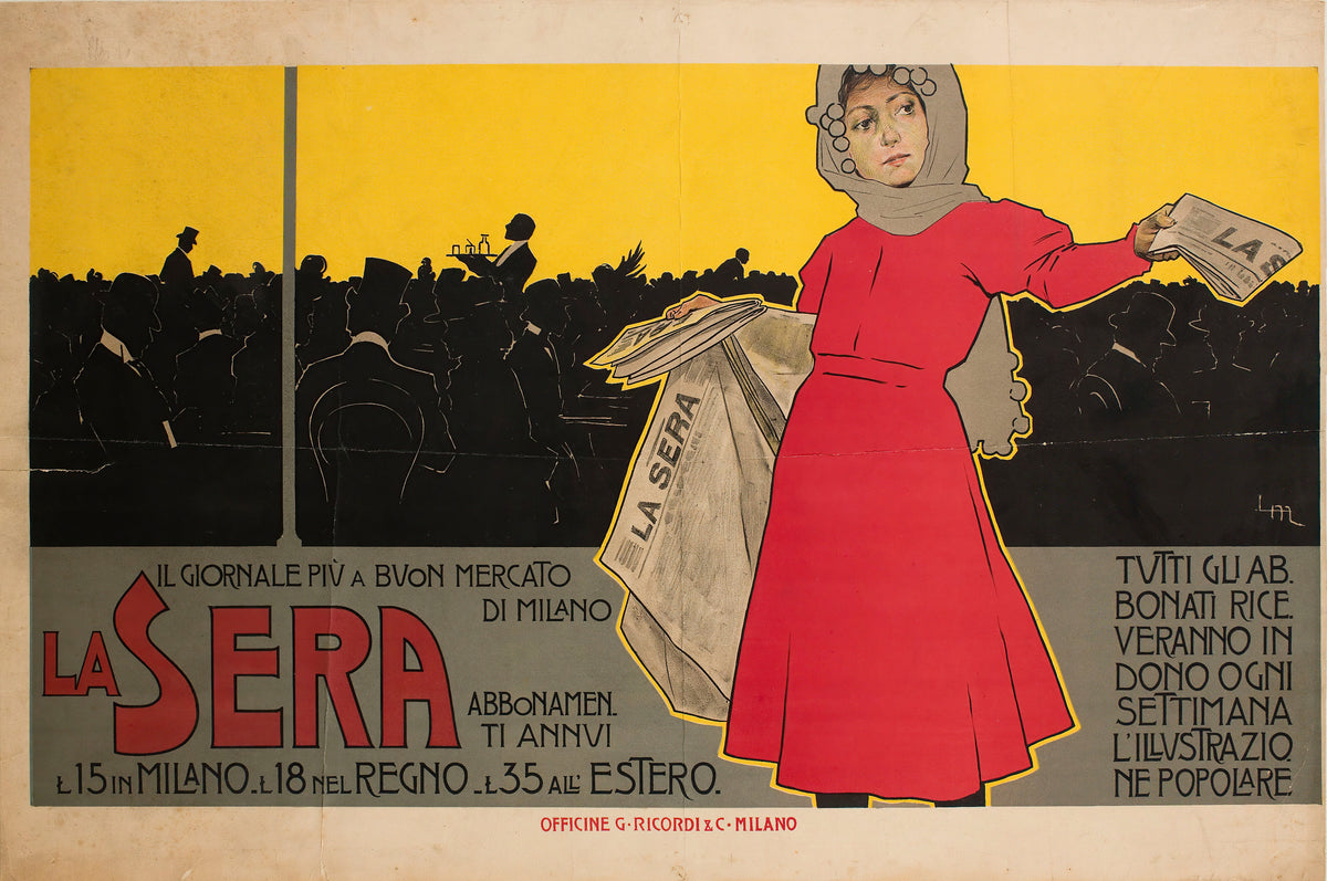 La Sera by Leopoldo Metlicovitz — A seller in red holds out La Sera before a black crowd