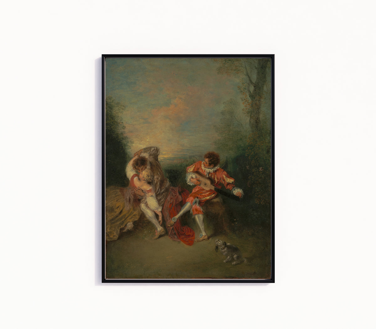 Framed art print of La Surprise by Jean-Antoine Watteau, in a slim black frame on a plain white wall