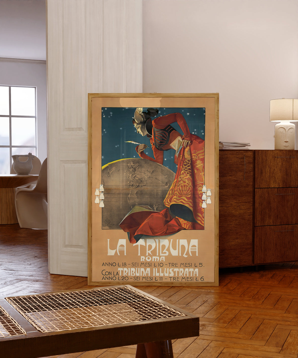 Framed art print of La Tribuna, Roma by Giovanni Maria Mataloni, in a light wood frame leaning in a warm room with a parquet floor