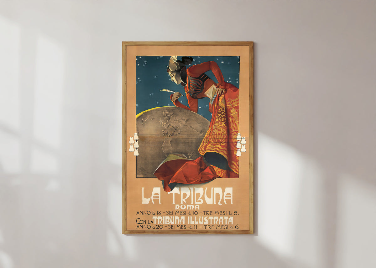 Framed art print of La Tribuna, Roma by Giovanni Maria Mataloni, in a light wood frame on a sunlit white wall