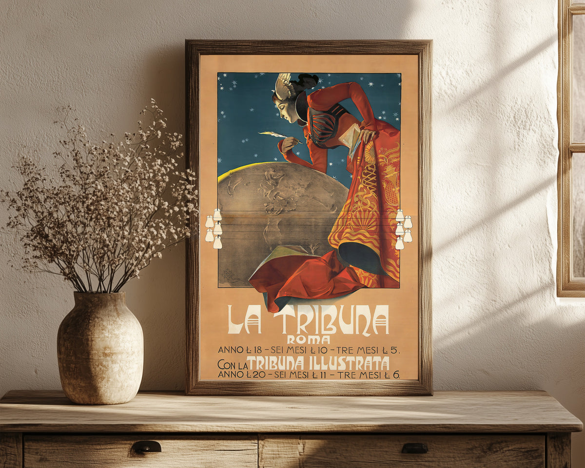 Framed art print of La Tribuna, Roma by Giovanni Maria Mataloni, in a dark wood frame leaning on a rustic console beside dried flowers