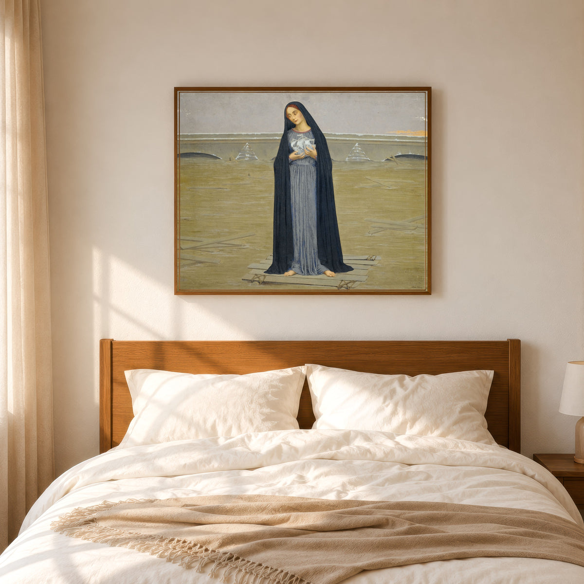 Framed art print of La Ville inondée by Alexandre Séon, in a slim wood frame above a bed in a sunlit bedroom