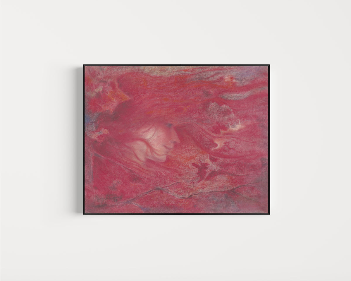 Framed art print of La bourrasque by Lucien Lévy-Dhurmer, in a slim black frame on a plain white wall