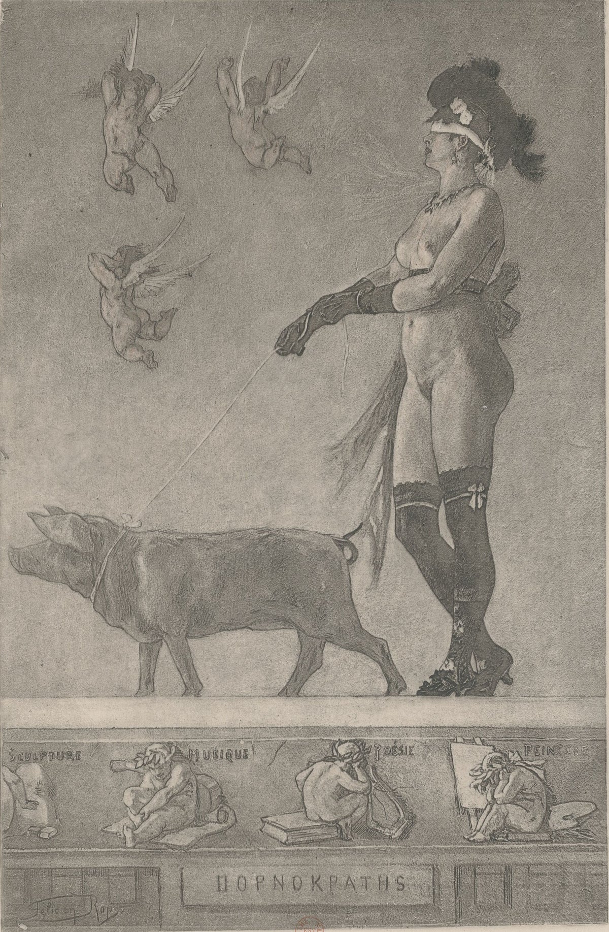 La dame au cochon (2nd state) by Félicien Rops — A blindfolded woman in a plumed hat walks a pig on a leash