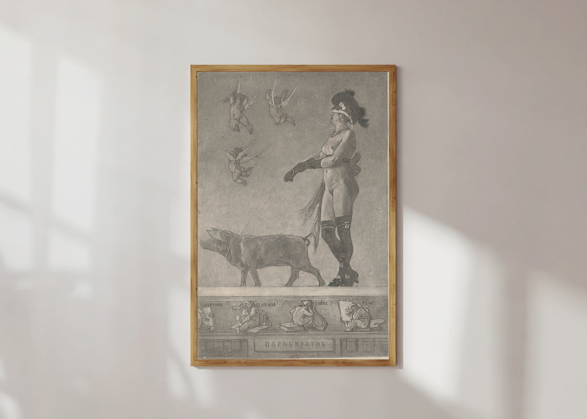 Framed art print of La dame au cochon (2nd state) by Félicien Rops, in a light wood frame on a sunlit white wall