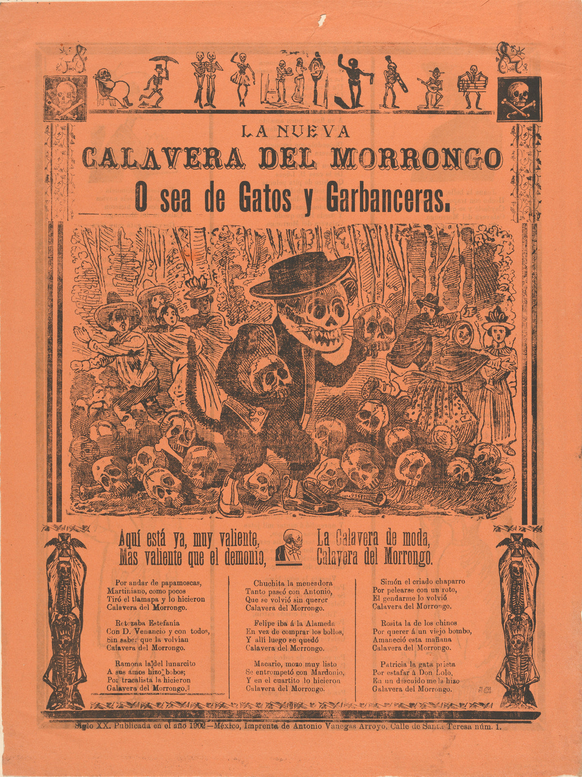 José Guadalupe Posada — La nueva calavera del morrongo, o sea de gatos y garbanceras | Relief Print